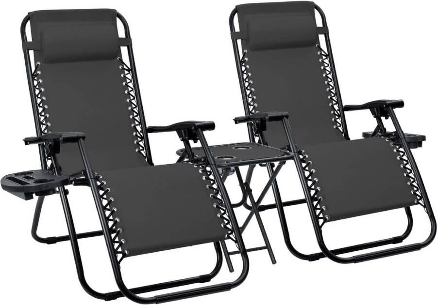 Meisterhome Opvouwbare tuinstoelen met tafel – set van 2 stuks + bijzettafel Inclusief Hoofdkussen en bekerhouder Zonnebed – Tuinstoel Ligstoel – Campingstoel Verstelbaar Tuin Weerbestendig – Zwart