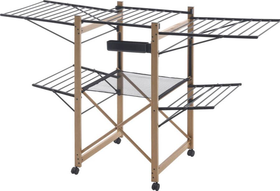 Meisterhome Zwart Groot Droogrek Droogtoren op wieltjes inklapbaar – 30 meter droog lengte – Extra stevig en licht Wasrek van Aluminium – Tot 25 kg wasgoed
