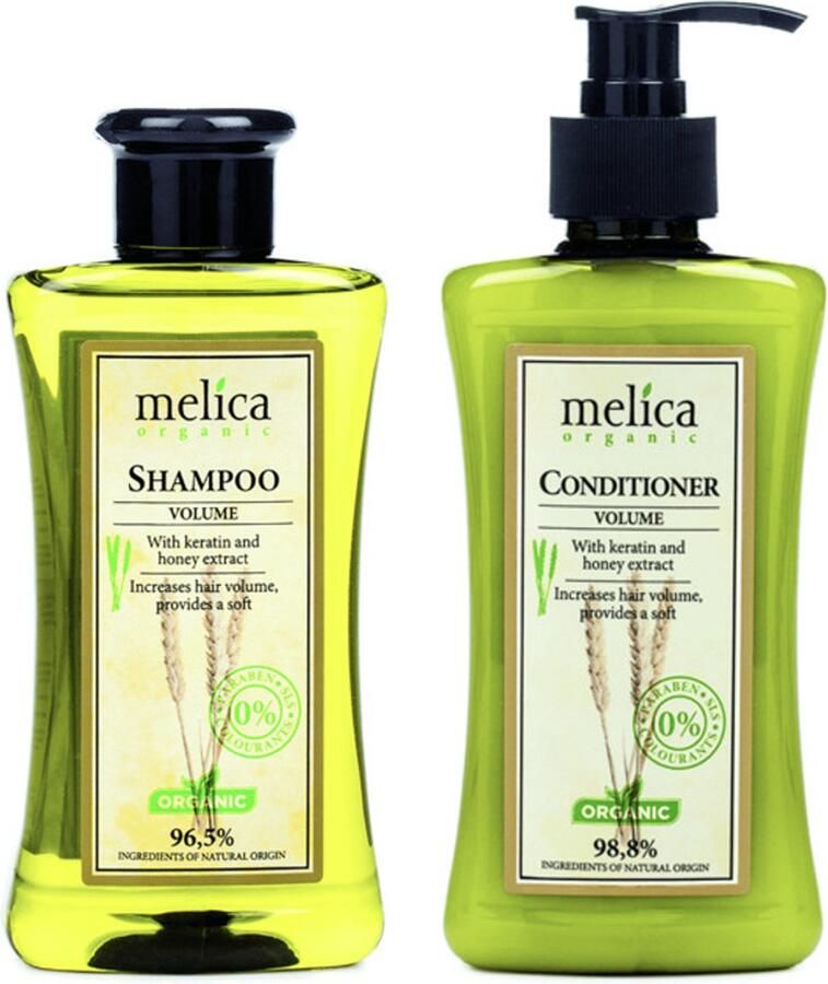 Melica 2 x ORGANIC Biologisch VOLUME SET 96 5% Natuurlijke BIO VOLUME Versterkende SHAMPOO en 98 8% Natuurlijke BIO Voedende VOLUME CONDITIONER met KERATINE en HONING EXTRACT Zonder Parabenen SLS 600ml