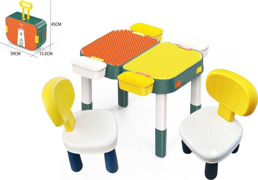 Melili Alles-in-1 Bouwtafel set + 60 Bouwblokken Kindertafel met 2 Stoeltjes en 4 Bakjes Blokkentafel Speeltafel Blokken Tafel Kinderen-met koffer -hoge kwaliteit
