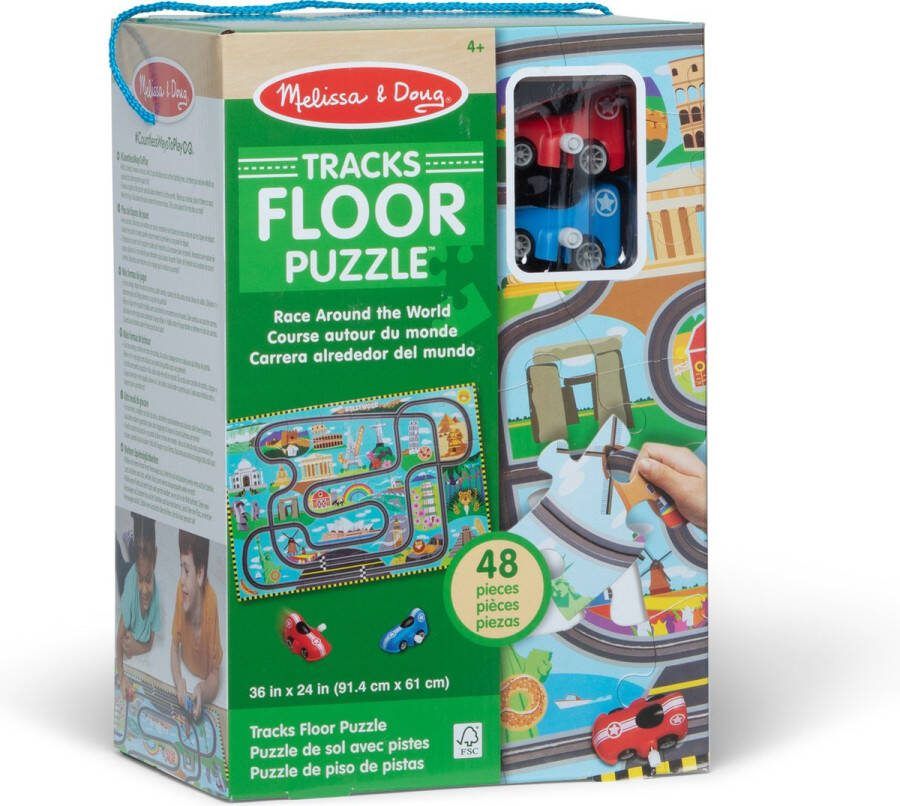 Melissa & Doug Kartonnen racebaan legpuzzel Race rond de wereld van met opwindautootjes 48 stukjes voor jongens en meisjes vanaf 3 jaar