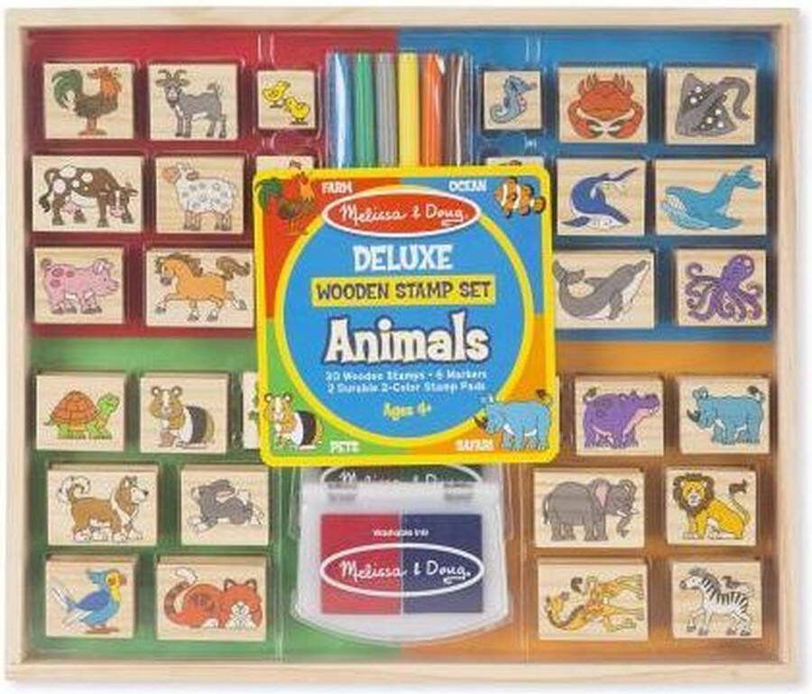 Melissa & Doug Luxe houten stempelset: Dieren 30 stempels 6 viltstiften en 2 stempelkussens
