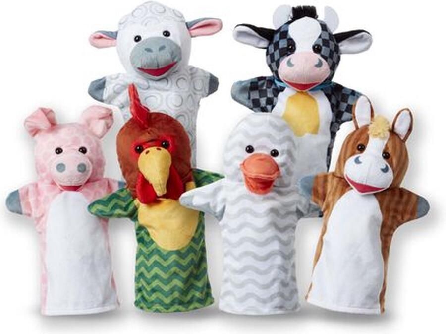 Melissa & Doug Barn Buddies handpoppen set van 6 (koe schaap paard eend kip varken)