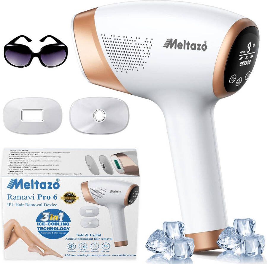 MELTAZO Ramavi Pro 6 IPL Ontharingsapparaat 3-in-1 IPL Lichtontharingsapparaat Pijnloos IPL Laser Haar Verwijderaar IPL Laserontharing IPL Hair Removal Laser IPL Haarlaser 999.999 Flitsen IPL Ontharing voor Lichaam en Gezicht
