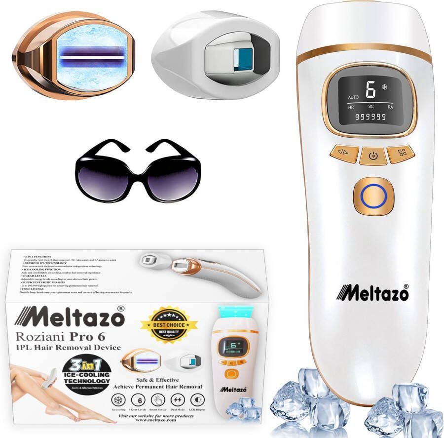 MELTAZO Roziani Pro 6 IPL Ontharingsapparaat 3-in-1 IPL Lichtontharingsapparaat Pijnloos IPL Laser Haar Verwijderaar IPL Laserontharing IPL Hair Removal Laser IPL Haarlaser 999.999 Flitsen IPL Ontharing voor Lichaam en Gezicht