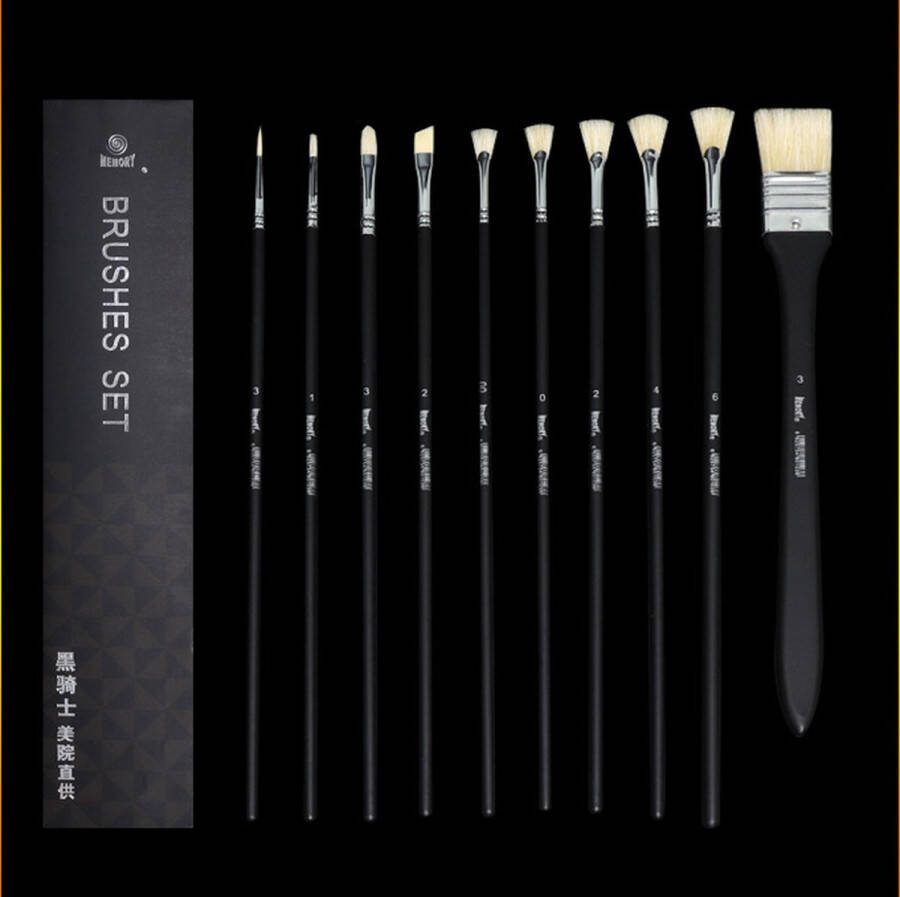 Memory Set van 10 zwarte penselen kwasten voor Olieverf Acryl & Gouache Schilderen & Verven Oil brush set in black Bob ross style