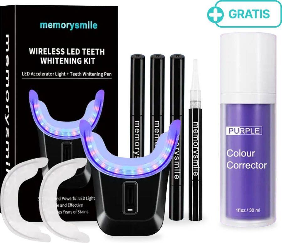 Memory smile Tandenbleekset Gratis V34 Coulour Corrector Serum Bewezen Natuurlijke Ingredienten- Tandenblekers V34 Colour Corrector Serum V34 Tandpasta- Paarse Tandpasta- Teeth Whitening Kit- Tanden Bleken- Witte Tanden- PAP Formule- Zonder Peroxide