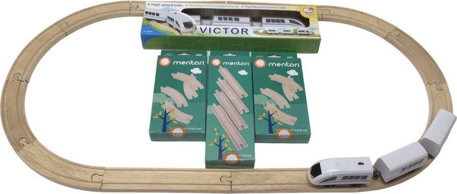 Mentari Elektrische Houten Treinbaan Set Victor Speelgoedtrein Spoorbaan Rails Spoorweg Treinset Elektrisch