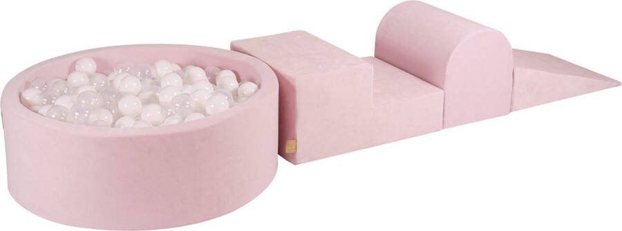 MEOWBABY Foam 3 elementen Speelset met Ballenbak 90x30cm met 200 Ballen Gecertificeerd Fluweel roze; wit transparant