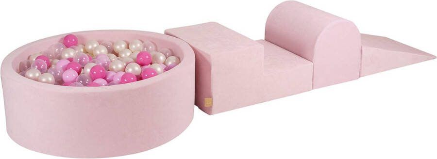 MEOWBABY Foam 3 elementen Speelset met Ballenbak 90x30cm met 200 Ballen Gecertificeerd Fluweel roze; Pastel Roze Licht Roze Transparant Parel Wit