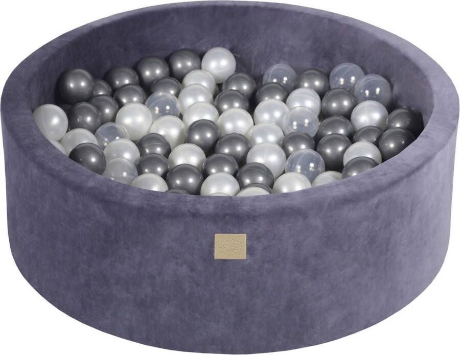 MEOWBABY Ronde ballenbak VELVET 90x30 Grijs-Blauw incl 200 ballen Zilver Wit Pearl Transparant NoussyToys.nl