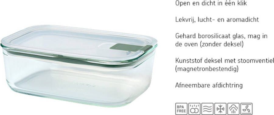 Mepal – Glazen vershouddoos EasyClip – Glazen schaal met deksel en kliksluiting – Geschikt voor de magnetron stoomoven oven koelkast & vriezer – Luchtdicht & lekvrij 1500 ml – Nordic sage