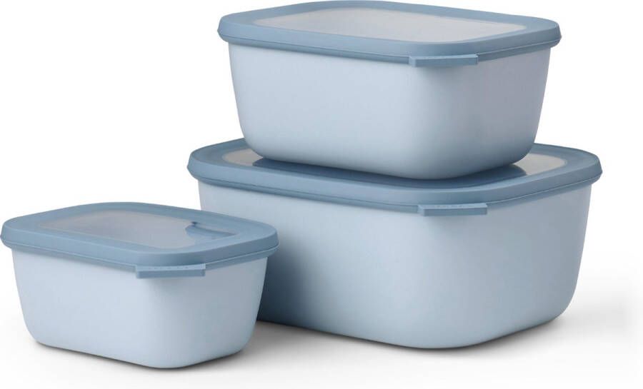 Mepal Multikom Cirqula rechthoekig 3-delige set (750+1500+3000) Mag in de vriezer magnetron en vaatwasser – Nordic blue – Meal prep bakjes Bewaardozen met deksel