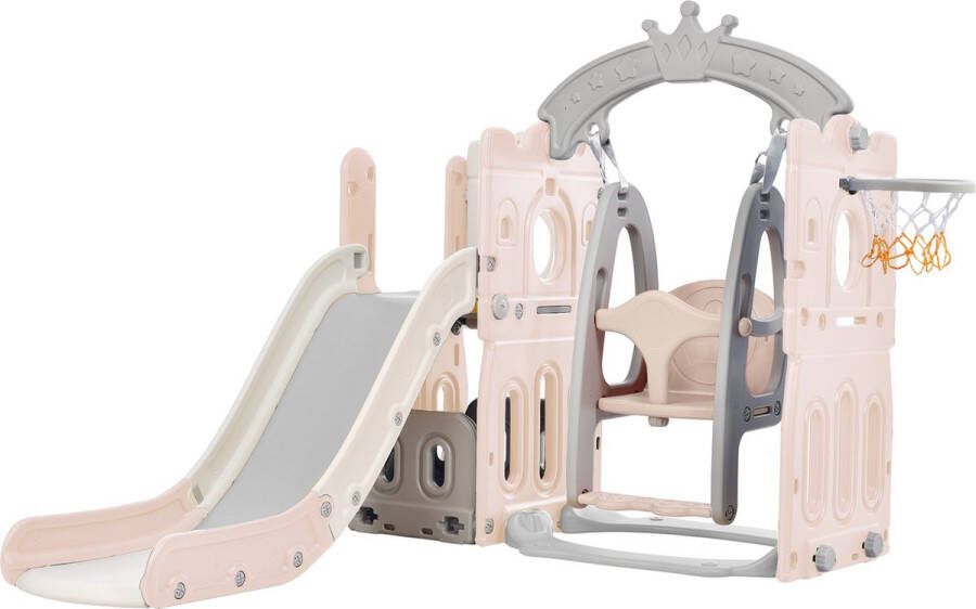 Merax 5 in 1 Speelgoedtoestel Kinderspeelgoed Speeltoestel voor Kinderen Glijbaan Schommel Klimmen Roze