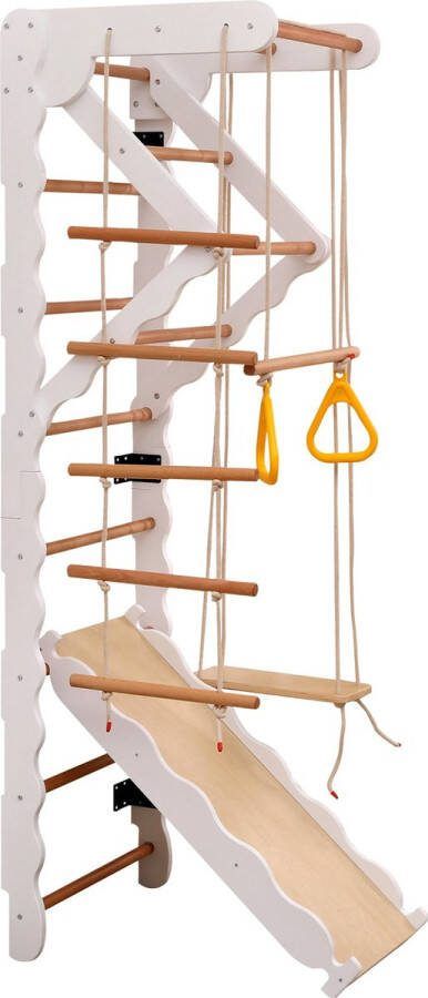 Merax 6-in-1 Multifunctioneel Houten Klimrek voor Binnen Klimtoestel met Glijbaan en Schommel voor Kinderen Wit met Bruin