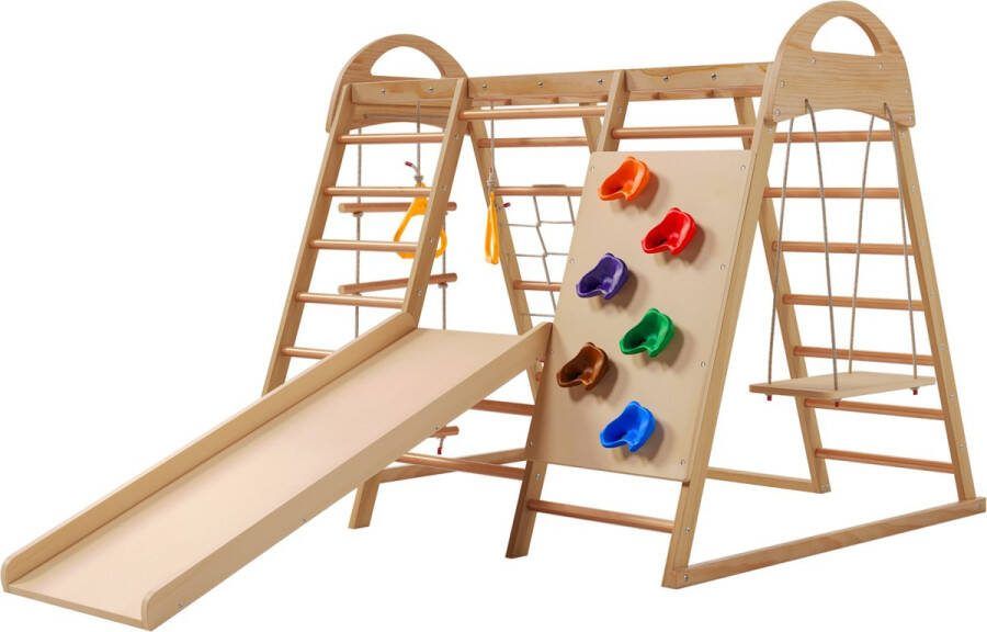 Merax 7-in-1 Multifunctioneel Klimtoestel voor Kinderen Speeltoestel met Schommel Klimladder Glijbaan Klimwand en Tentfunctie Indoor Speelplaats in Bruin Houtkleur