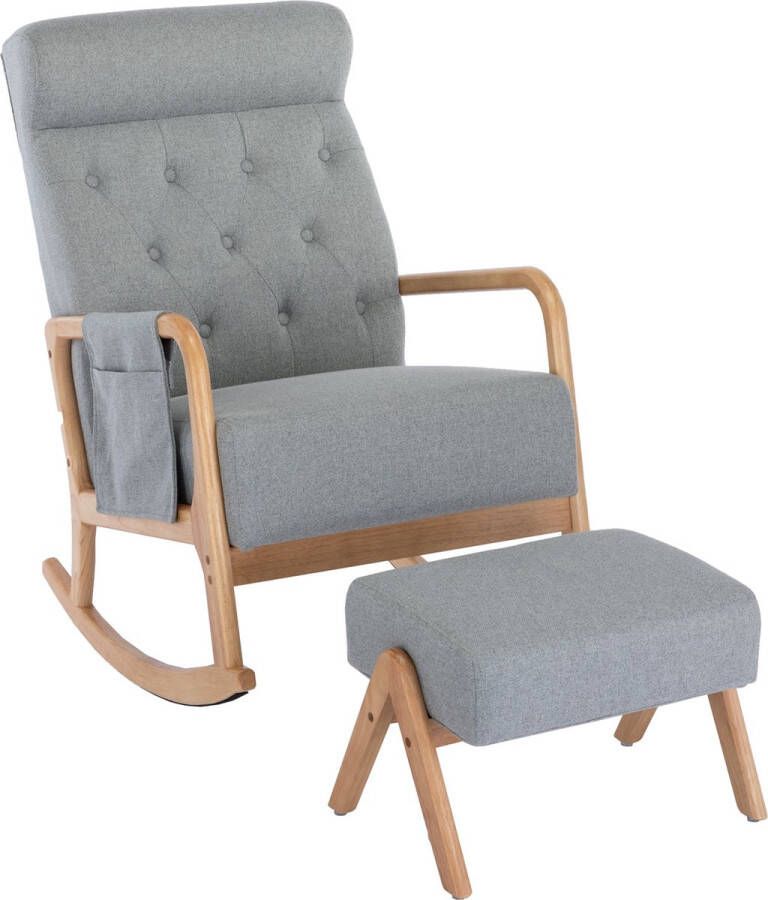 Merax Comfortabele Schommelstoel met Voetenbank Relaxfauteuil Schommel Stoel Grijs met Naturel Bruin