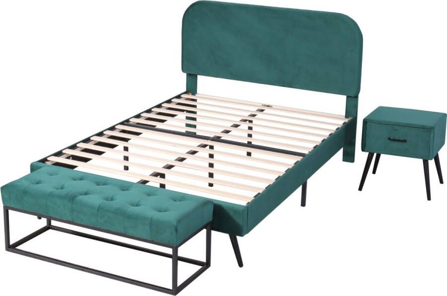 Merax Complete Slaapkamer voor Volwassenen 140x200 cm Tweepersoonsbed incl. Matras met 1 Nachtkastje en Bed Hocker Groen