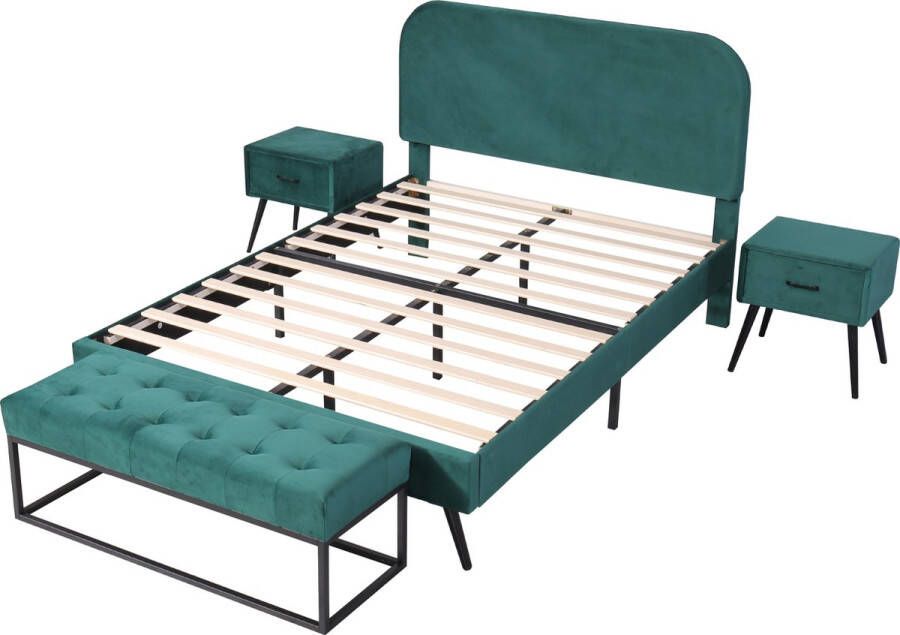 Merax Complete Slaapkamer voor Volwassenen 140x200 cm Tweepersoonsbed met 2 Nachtkastjes en Bed Hocker Groen