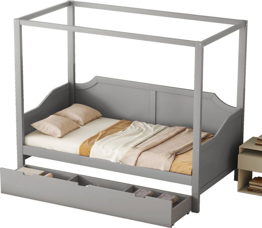 Merax Eenpersoonsbed 90x200 cm Bed met Opbergruimte Houten Hemelbed Grijs