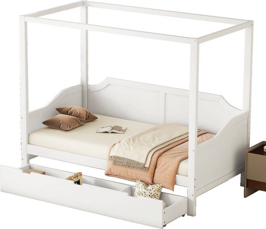 Merax Eenpersoonsbed 90x200 cm Bed met Opbergruimte Houten Hemelbed Wit