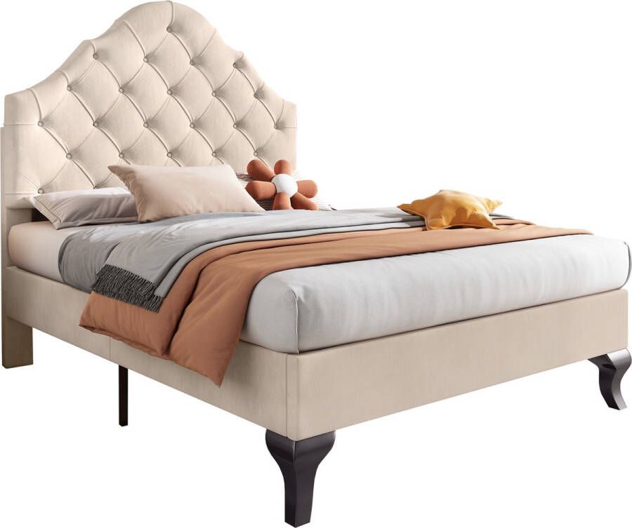 Merax Gestoffeerd Eenpersoonsbed Bed voor 1 Persoon met Verstelbaar Hoofdbord Beige