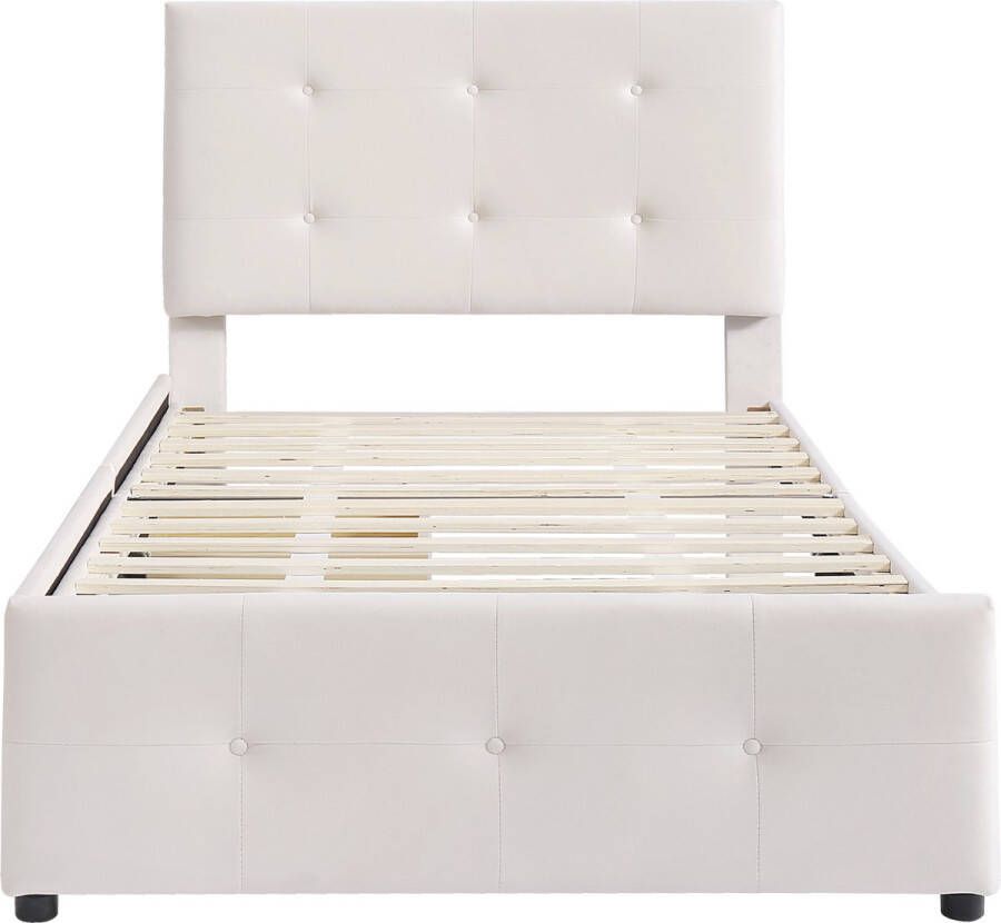 Merax Gestoffeerd Eenpersoonsbed met Lades 90 x 200 CM Bed met Opbergruimte Lichtbeige