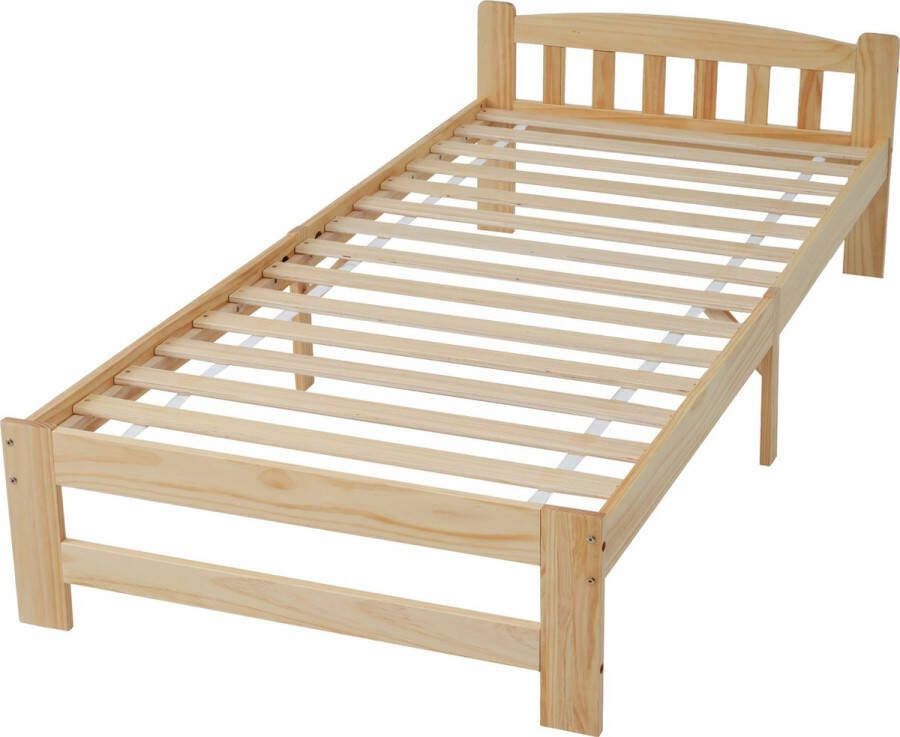 Merax Houten Eenpersoonsbed 90x200 Massief Houten Bed Natuurlijk Bruin