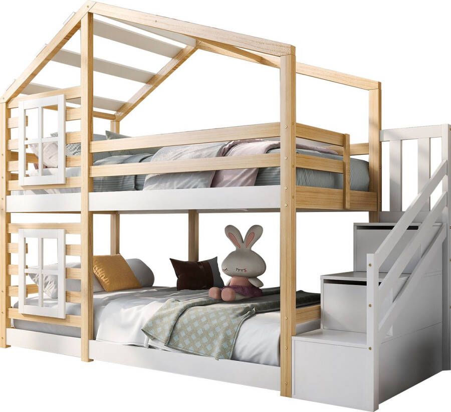 Merax Houten Stapelbed 90x200 Bed voor Kinderen Huisbed met Ramen en Trap Bruin met Wit