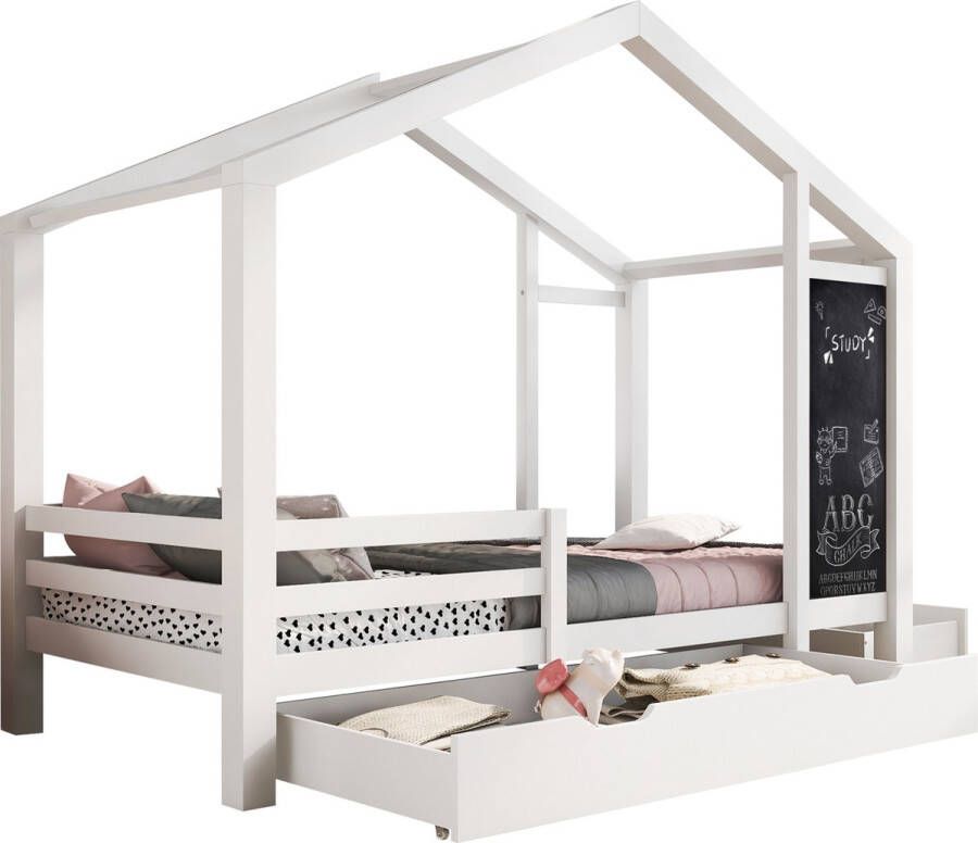 Merax Kinderbed 90x200 Bed met Opbergruimte Huisbed met Krijtbord en Valbeveiliging Wit