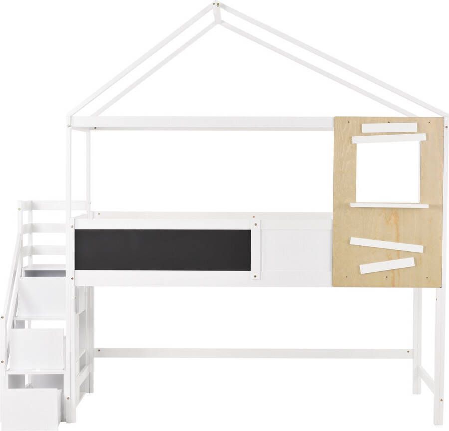 Merax Kinderbed Peuterbed met Trap en Raam Huisbed Hoogslaper met Opbergruimte Wit