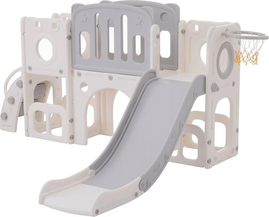 Merax 6-in-1 Beren Speeltoestel voor Kinderen Kinderglijbaan met Basketbal Platforms Opbergvakken en Boorspel Grijs met Wit HDPE Inclusief Trap