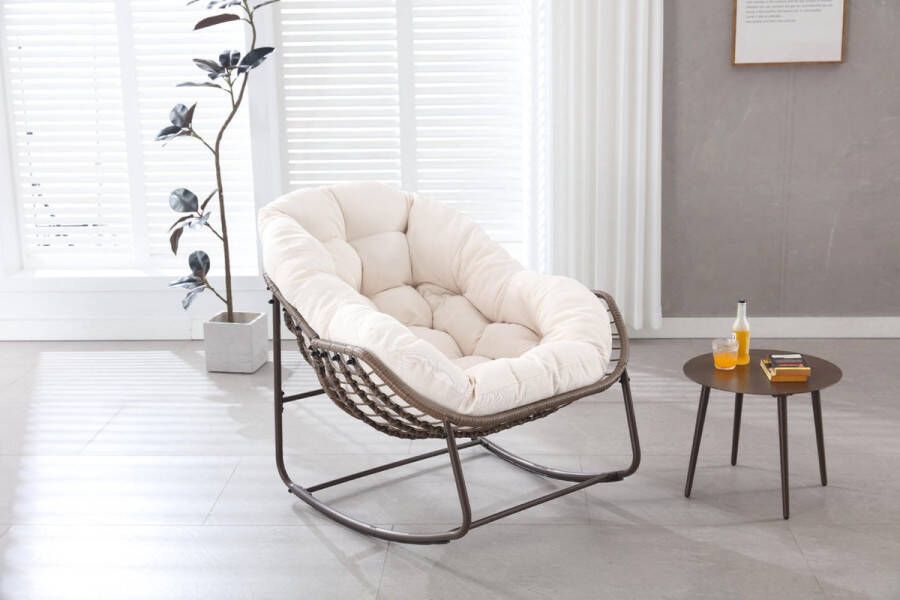 Merax Outdoor Wicker Schommelstoel Ei-vormig Stoel voor Buiten en Binnen Rocker Loungestoel met Dikke Kussen Wit