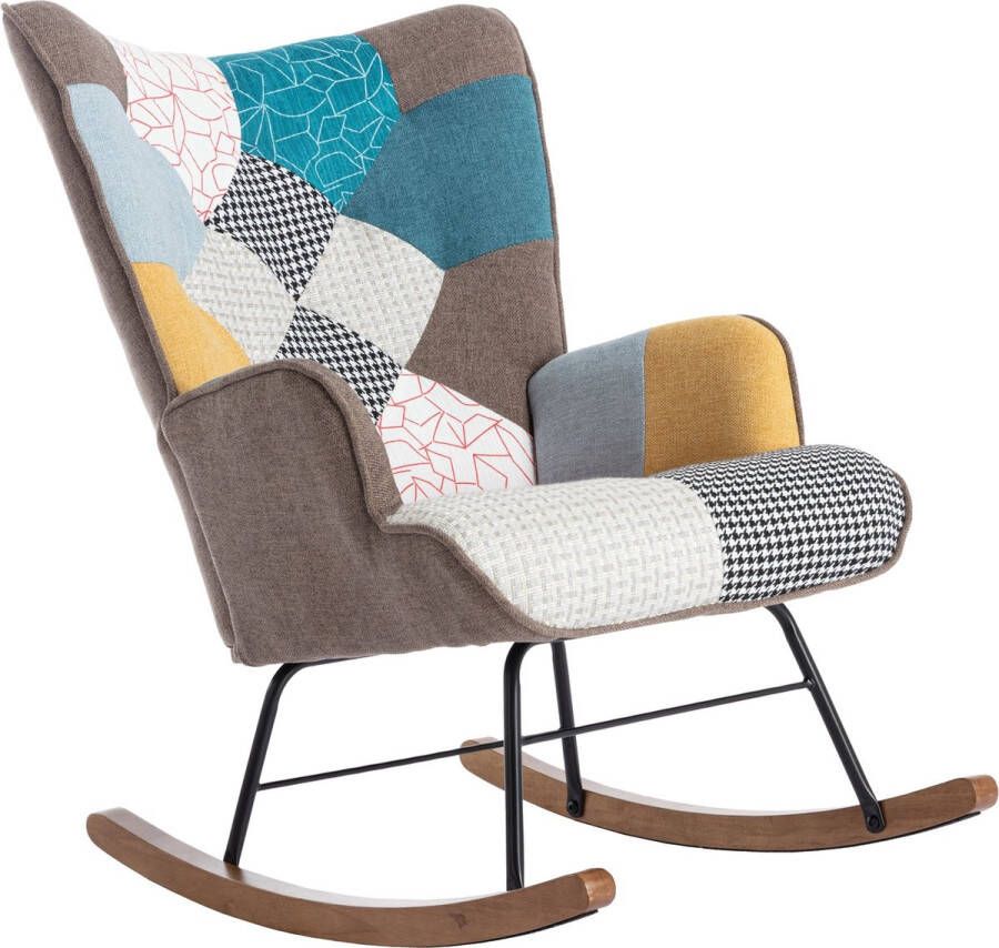 Merax Patchwork Schommelstoel Kleurrijke Relaxstoel Walnoothouten Vrijetijdsstoel Meerkleurig