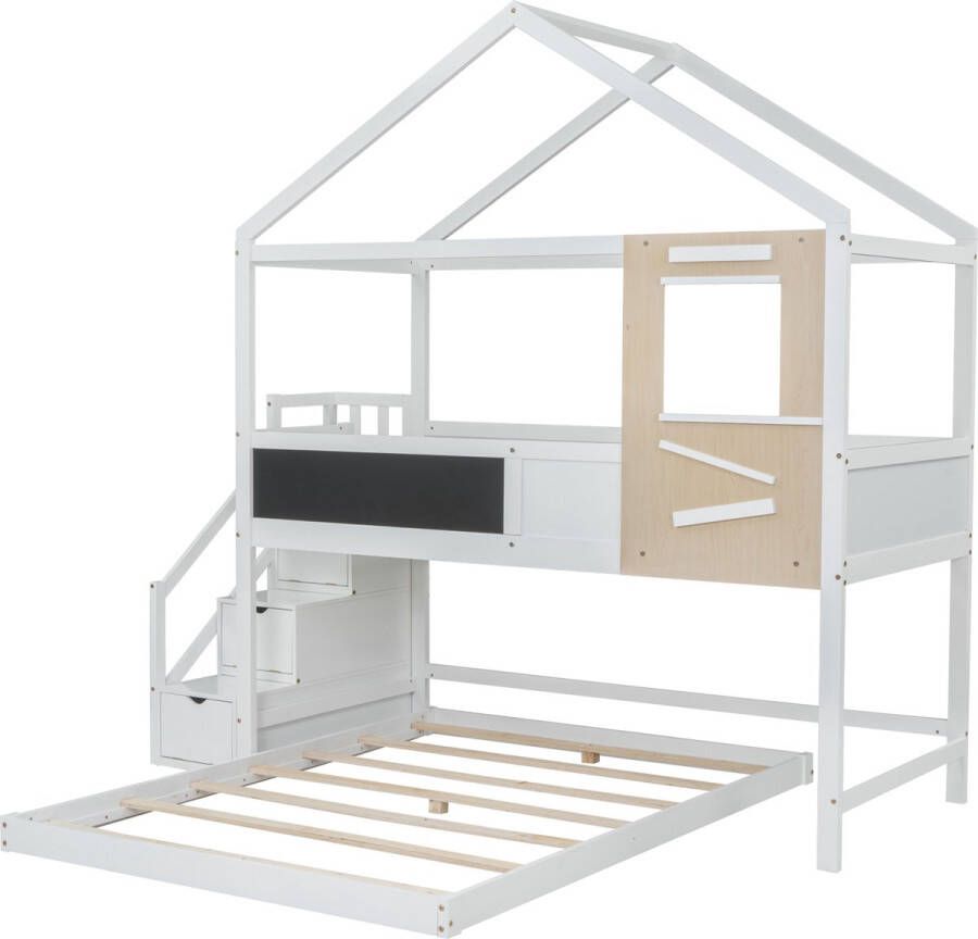 Merax Stapelbed 3 Persoons Kinderbed met Opbergruimte Huisbed Hoogslaper met Raam Wit