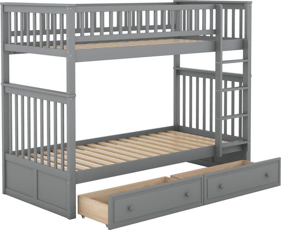 Merax Stapelbed 90x200 cm Bed voor 2 Personen Kinderbed met Opbergruimte Grijs