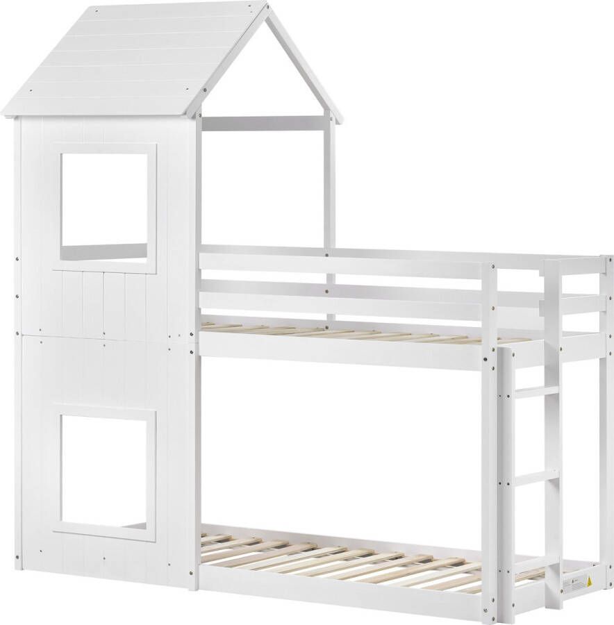 Merax Stapelbed 90x200 cm Huisbed met Raam en Ladder Bed voor Kinderen Wit