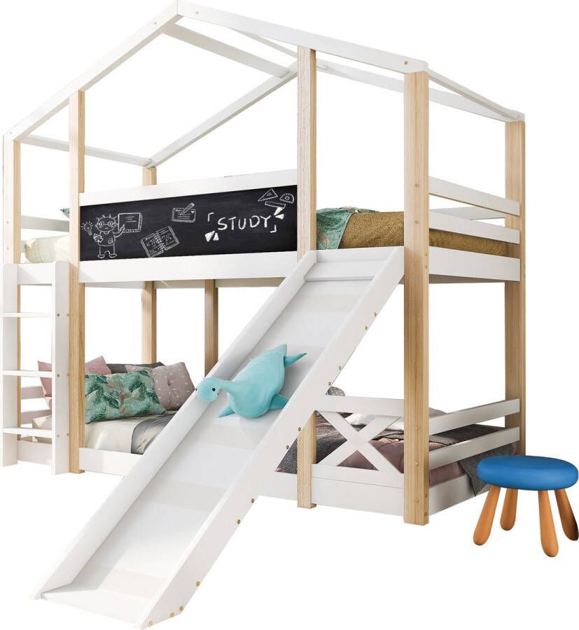 Merax Stapelbed 90x200cm Hoogslaper met Glijbaan en ladder Bed voor Kinderen Wit met Bruin