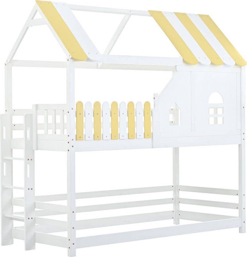 Merax Stapelbed Bed met Ladder Huisbed voor Kinderen met Valbeveiliging Wit & Geel