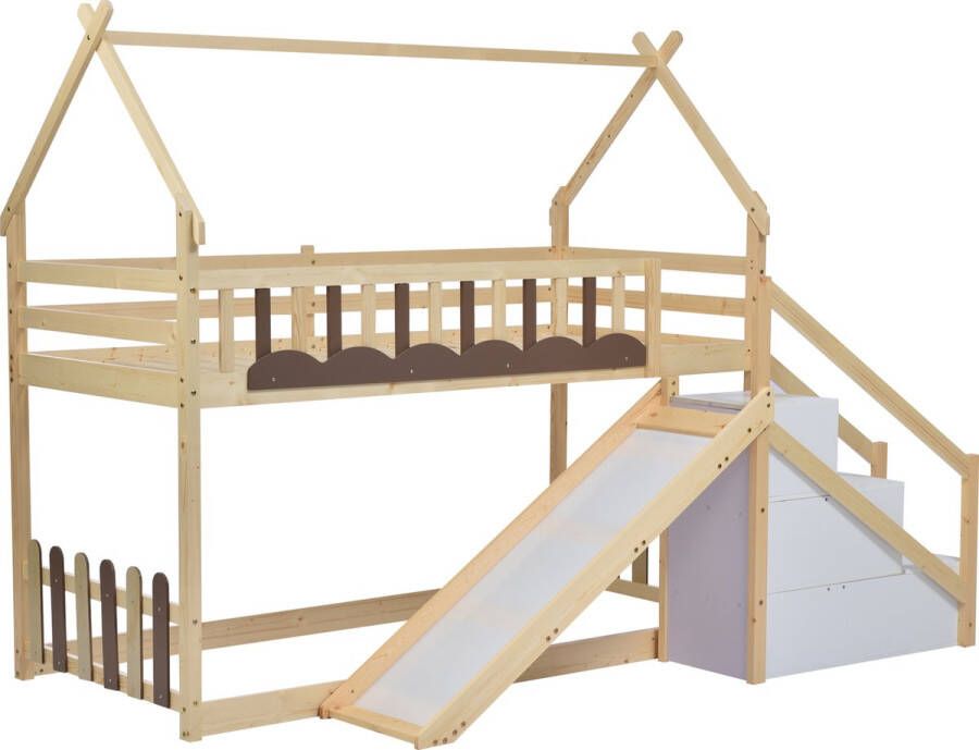 Merax Stapelbed Huisbed Bed met Trap en Opbergruimte Hoogslaper voor Kinderen Naturel & Wit