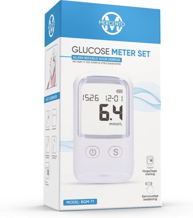 Mercento Glucosemeter Volledige Starter Set Inclusief Prikpen en 50 Teststrips & 50 Lancetten en Batterijen Diabetes meter- Bloedsuikerspiegelmeter Bloedsuikermeter Wit