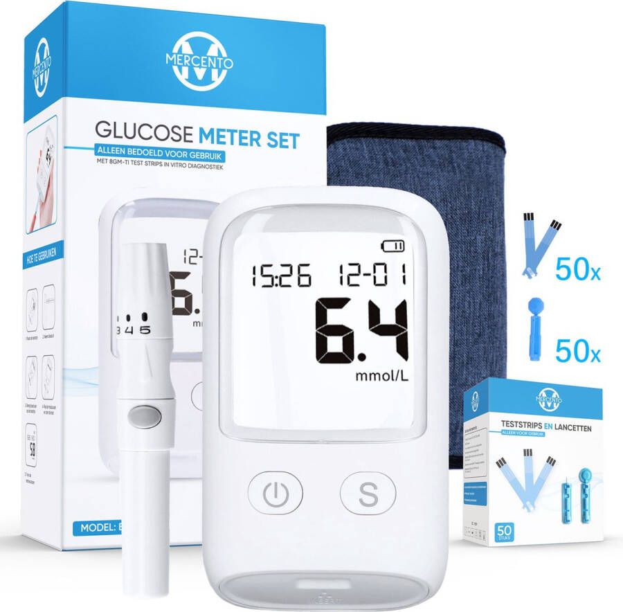 Mercento Glucosemeter Volledige Starter Set Inclusief Prikpen en 50 Teststrips & 50 Lancetten en Batterijen Diabetes meter- Bloedsuikerspiegelmeter Bloedsuikermeter Wit