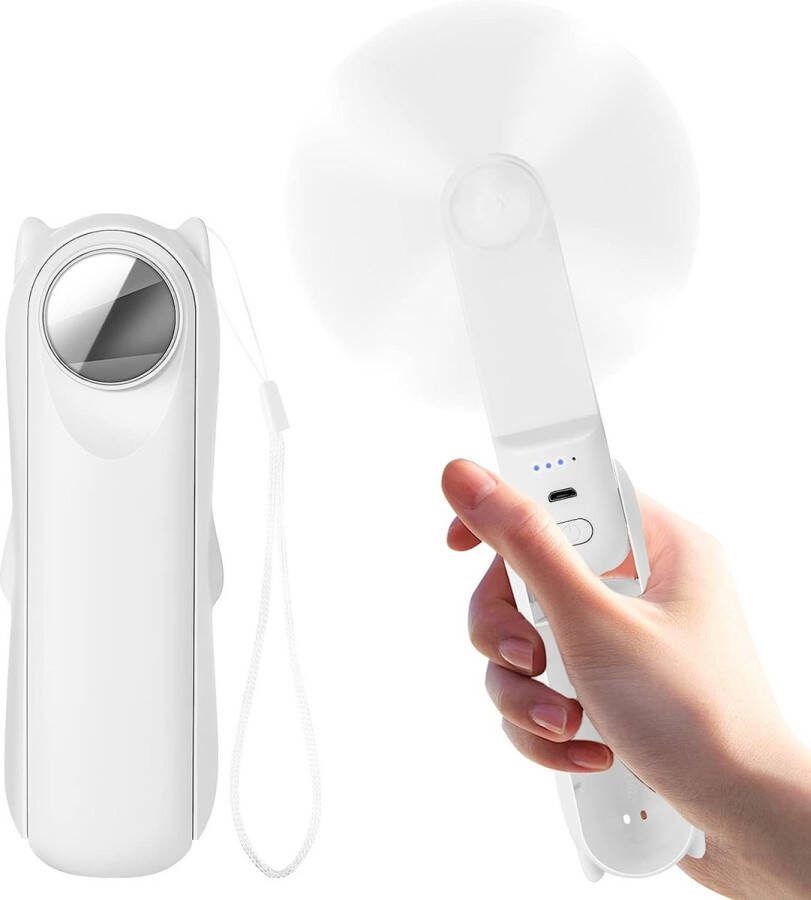 Merdoo Mini-Handventilator Draagbare Mini-Ventilator Kleine Opvouwbare Handventilator Oplaadbaar Persoonlijke Zakventilator USB Powerbank Met een Kleine Spiegel Reis-ventilator voor Kantoor Huis Outdoor Wit -2500mAh