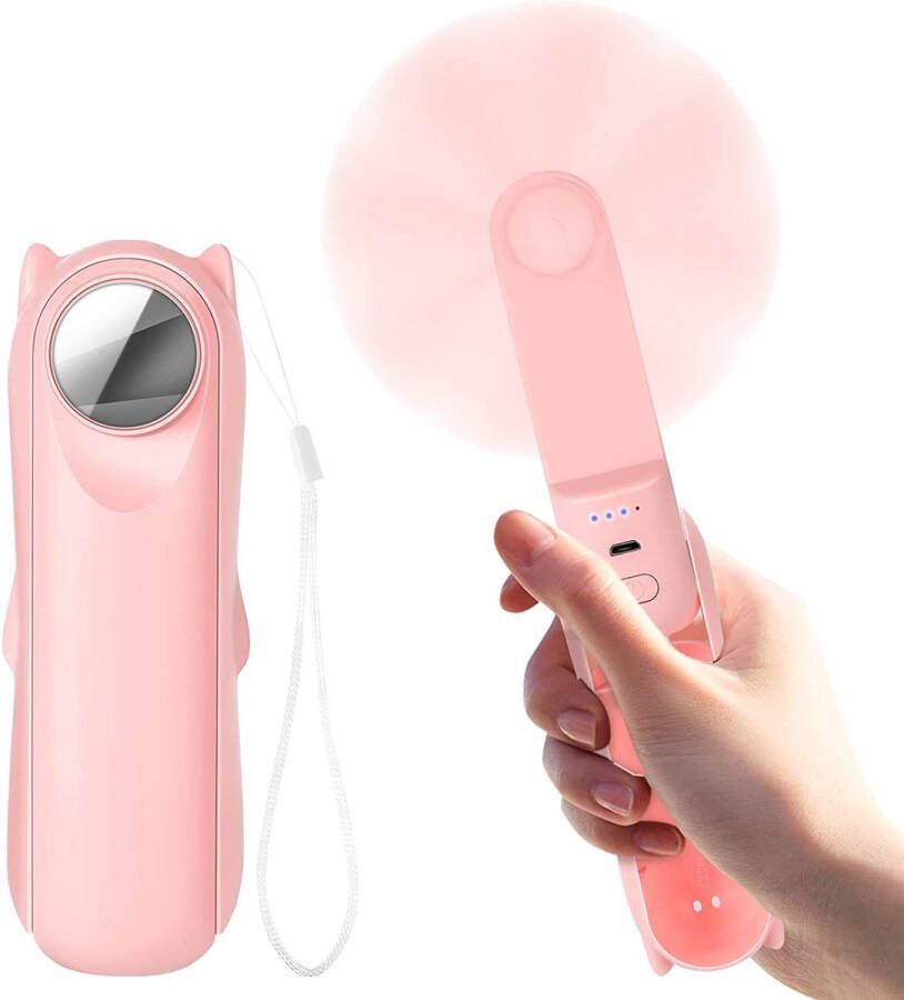 Merdoo Mini-Handventilator Draagbare Mini-Ventilator Kleine Opvouwbare Handventilator Oplaadbaar Persoonlijke Zakventilator USB Powerbank Met een Kleine Spiegel Reis-ventilator voor Kantoor Huis Outdoor Roze