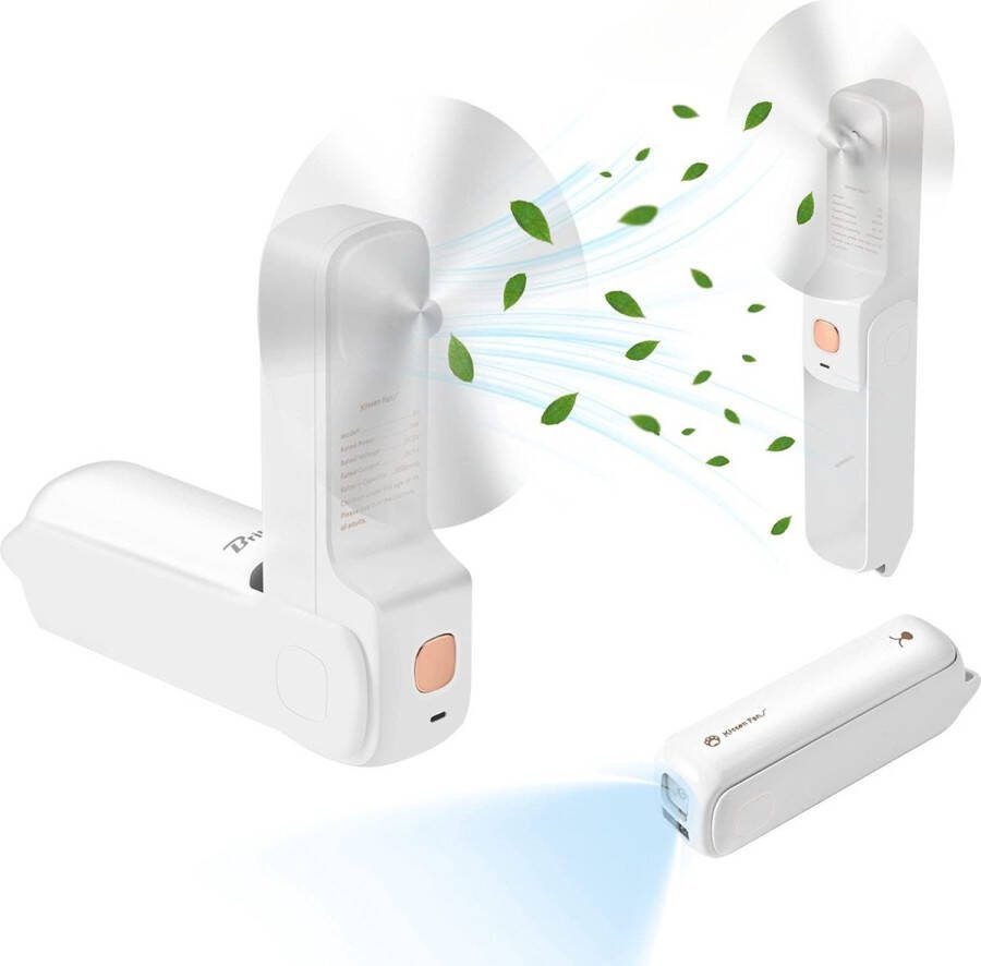 Merdoo Mini-Handventilator Draagbare Mini-Ventilator Powerbank & Flashlight Kleine Opvouwbare Handventilator Oplaadbaar Persoonlijke Zakventilator USB- Wit 2000 mAh