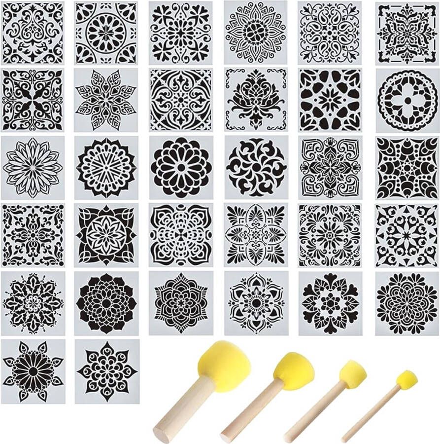 Merk: Gativs Mandala sjablonen 32 stuks sjablonen vintage ornamenten mandala-sjabloon set tegels sjabloon mandala-sjabloon airbrush sjablonen set herbruikbare sjablonen met sponskwast