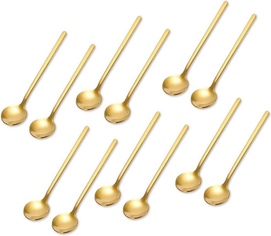 Merk-loos 12 Stuks Spiegel Gepolijst Theelepel Koffielepels Roestvrij Staal Mini Goud Theelepels Koffielepels Met Lange Steel Gouden Lepel Met Ronde Kop Voor Koffie Suiker Dessert Cake Ijs Soep