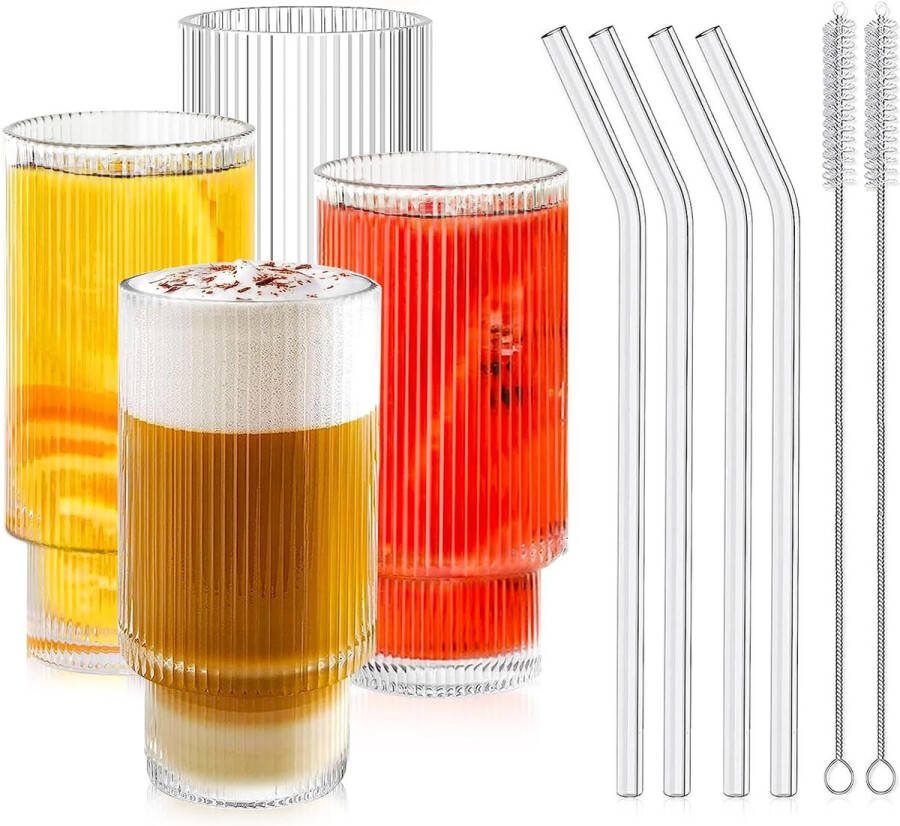 Merk-loos 4-delige cocktailglazen 350 ml glas met rietje geribbelde glazen voor cocktails water sap mojito longdrinkglazen