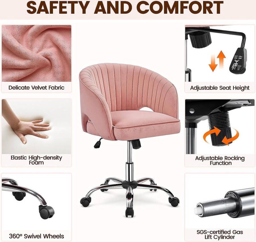 Merk-loos Bureaustoel met fluwelen bekleding ergonomische bureaustoel met armleuningen draaistoel met wieltjes gestoffeerde stoel in hoogte verstelbaar bureaustoel met schommelfunctie draaibaar roze