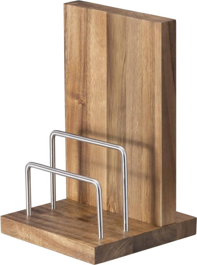 Merk-loos houten messenblok en snijplankhouder Magnetische messenhouder van hout Plaatsbesparend 2-in-1 design Donkerbruin